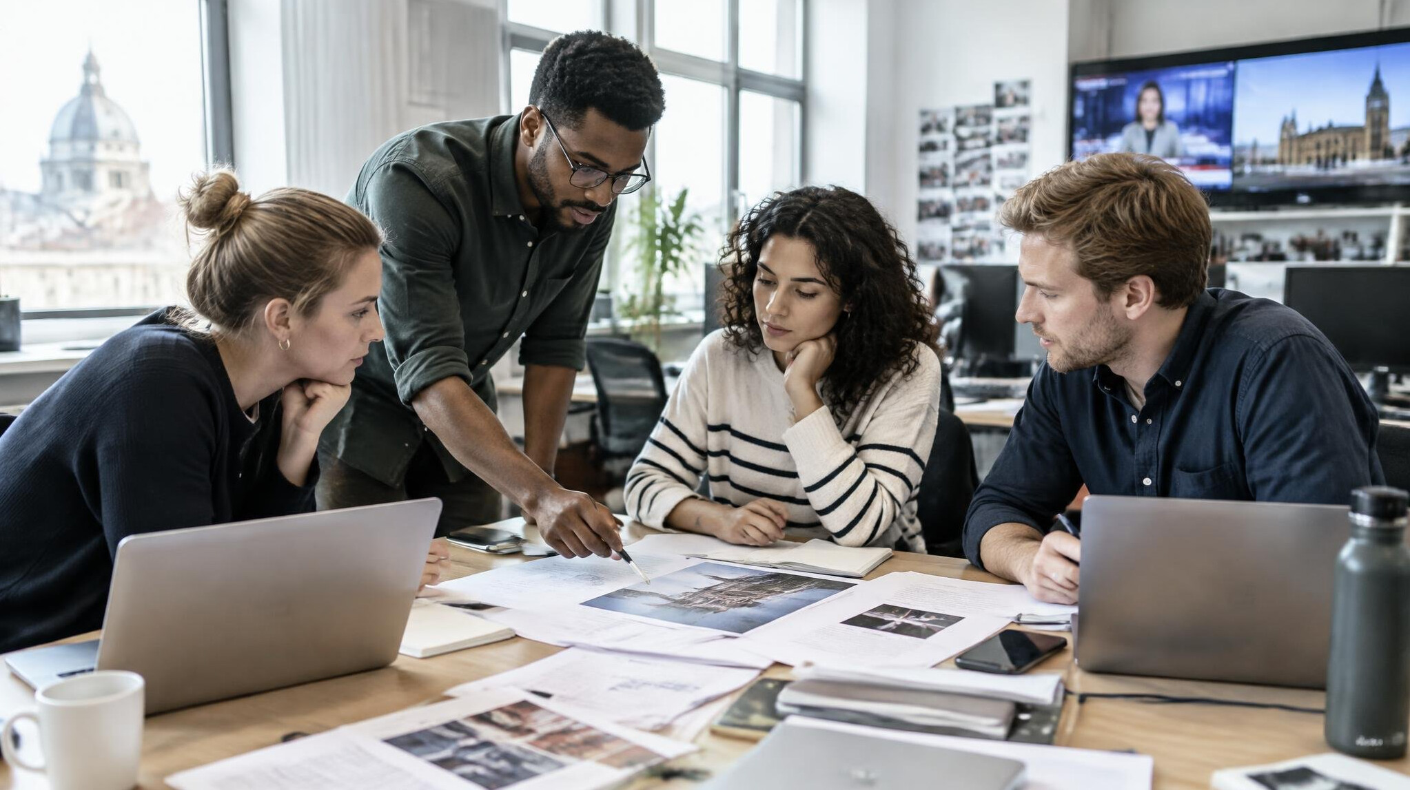 Editorial team working together at a newsroom desk