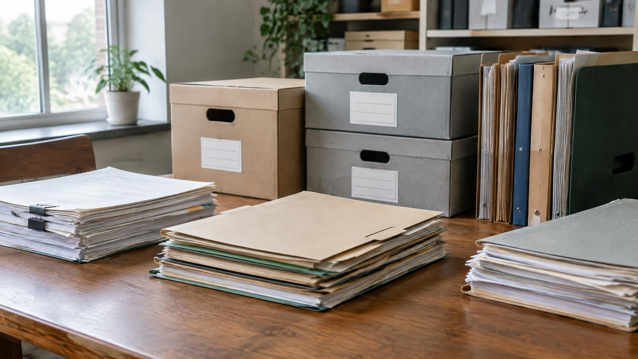 Stacked paper documents and archive folders