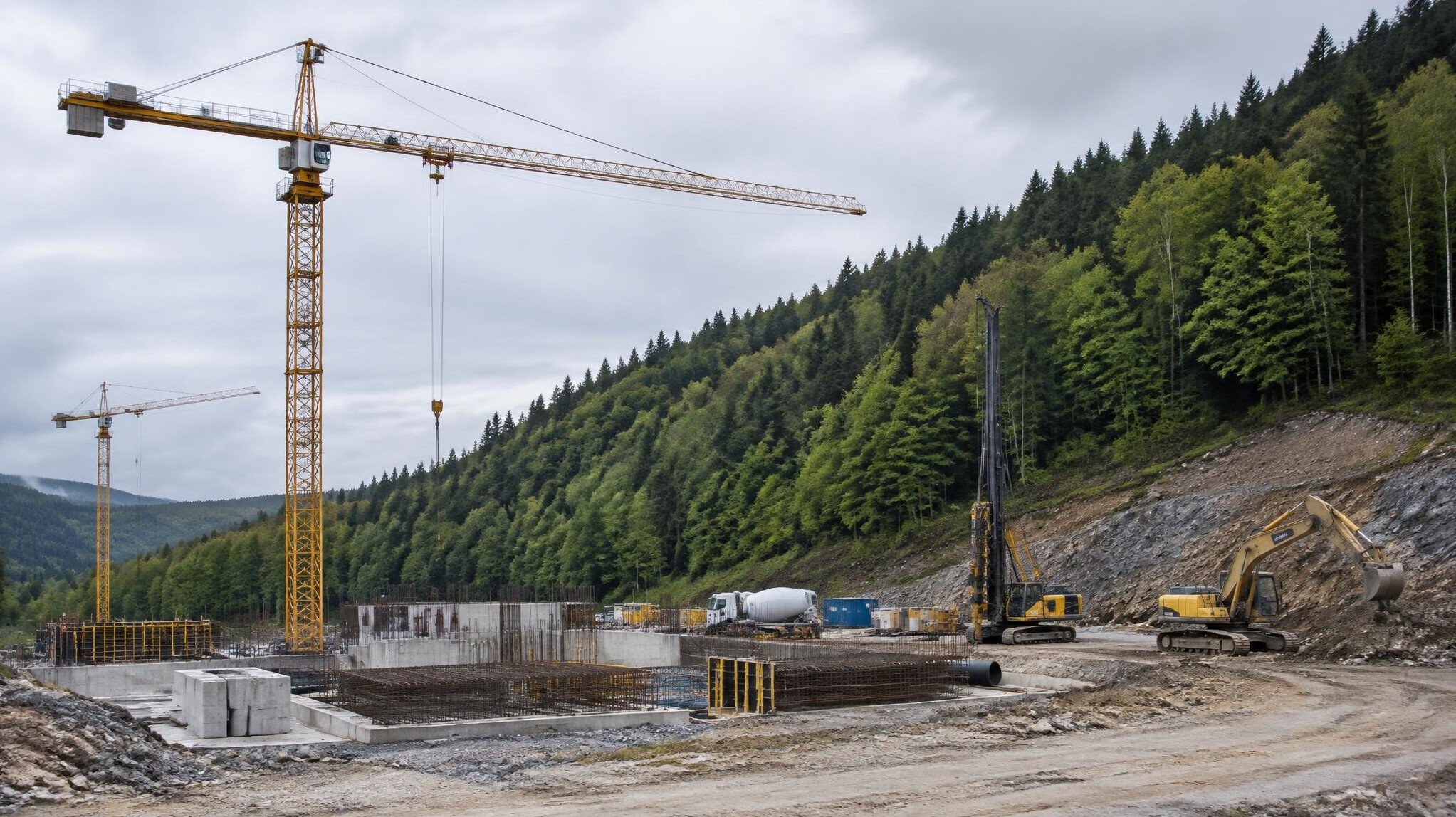 Construction cranes near a forested hillside